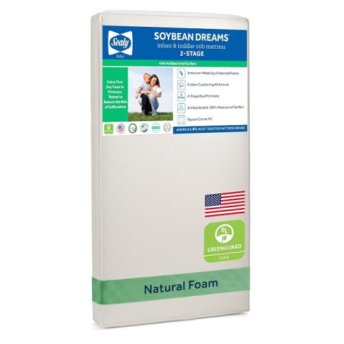 Sealy Soybean Dream Antibacterial 2-Stage Dual Firmness Waterproof Baby Crib Mattress & Toddler Bed Mattress, Extra Firm Plus Memory Foam Crib Mattress, Certified Non-Toxic, Made in USA, 52” x 27.5”