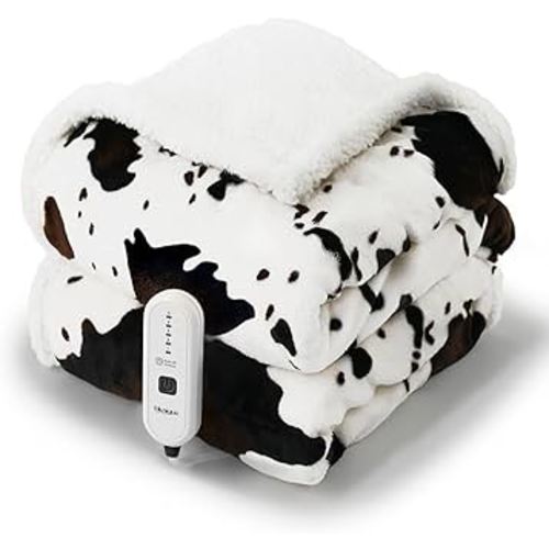 Heated Throw Blanket Electric Blanket - Heating Blanket Throw with 5 Heat Levels & 4 Hours Auto-Off, Cozy Soft Fleece Sherpa Blanket, Washable, Fast Heating, 50 x 60 Inches, Cow Print