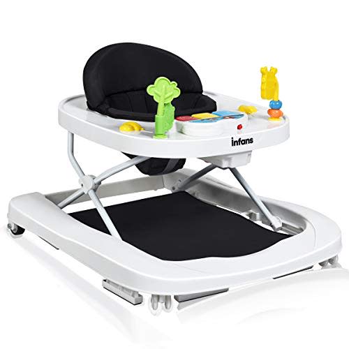 INFANS Foldable Baby Walker, 3 in 1 Toddler Walker Bouncer, Learning-Seated, Walk-Behind, Music, Adjustable Height, High Back Padded Seat, Detachable Trampoline Mat, Activity Walker with Toys, Black