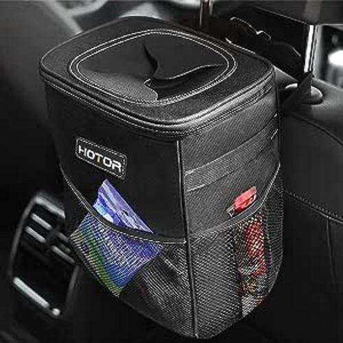 HOTOR Trash Can with Lid and Storage Pockets, 100% Leak-Proof Organizer, Waterproof Garbage Can, Multipurpose Trash Bin for Car - Black : Automotive
