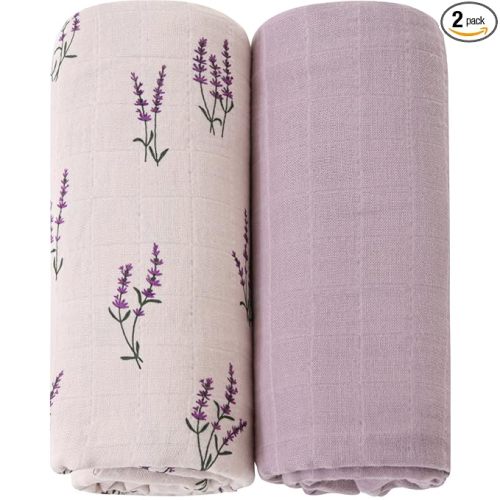 LifeTree Baby Swaddle Blankets Girls, Organic Muslin Swaddle Blankets Unisex Swaddling Wrap Receiving Blanket for Newborn, Organic Cotton, Large 47 x 47 inches, Lavender & Mauve