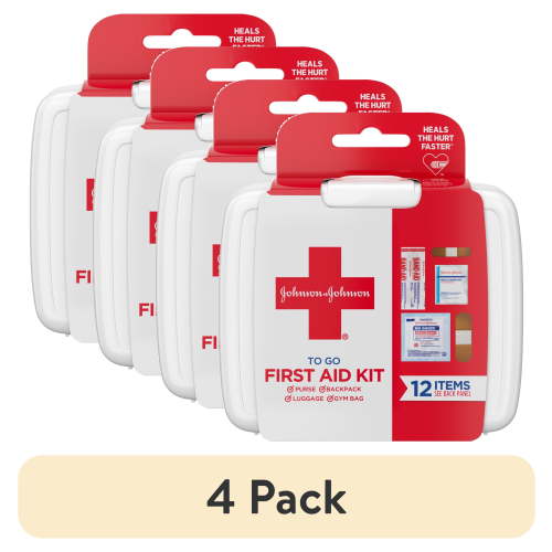 (4 pack) Johnson & Johnson First Aid To Go Portable Mini Travel Kit, 12 pieces