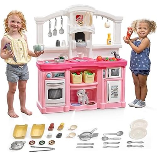 Step2 Fun with Friends Kids Kitchen Playset, Indoor/Outdoor Kitchenette, Interactive Play with Lights and Sounds, Durable Plastic, Includes 25 Piece Toy Accessories, Toddlers 2+ Years Old, Pink
