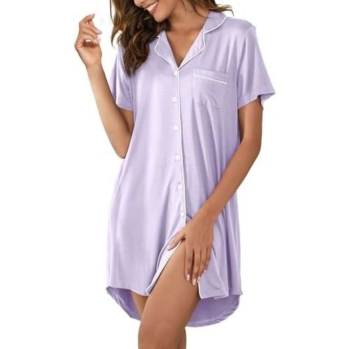 Nightgowns for Women Button Down Sleep Shirts Short Sleeve Nightshirt Boyfriend Nightdress V Neck Pajama Dress S-XXL