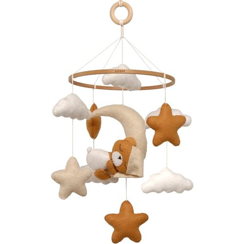 Crib Mobile for Girls, Sleeping Princess Bear Baby Mobile for Crib, Handmade Felt Crib Mobile, Baby Crib Mobile with Cloud and Stars, Nursery Baby Mobile for Bassinet (Cinnamon)