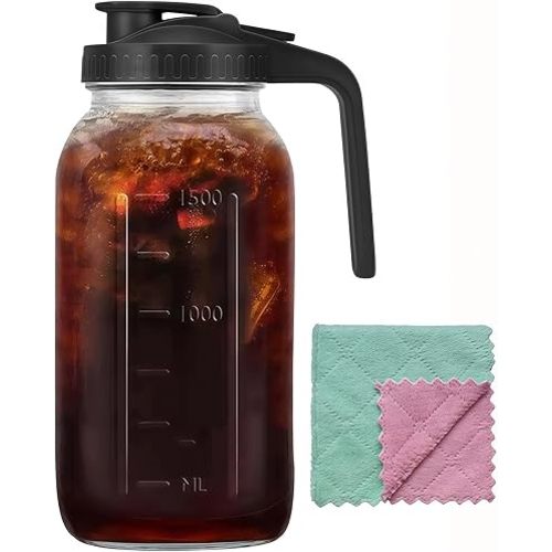 64oz Glass Pitcher Carafes With Handle and Lid, 2 Quart Mason Jar, Large Water Jug, Glass Containers for Fridge, Water Pitcher for Juice, Iced & Sun Tea, Cold Brew Coffee, Homemade Beverage