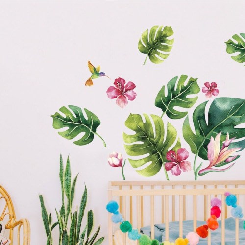 Tropical Leaf Wall Decal, Jungle Theme Nursery Wall Decor, Palm Leaves Wall Decal Bedroom, Monstera Wall Stickers, Hibiscus Flower Decal