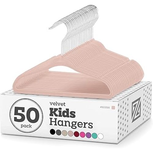 Zober Velvet Kids Hangers for Closet - Pack of 50 Non Slip Childrens Hangers for Shirts, Pants & Dresses w/Swivel Hook - Durable Kids Clothes Hanger w/Notches - Small Hangers - Blush