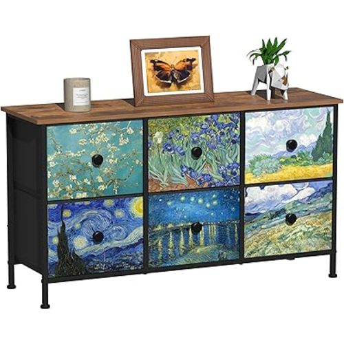 EXOTICA 6 Drawer Dresser for Bedroom Van Gogh Chest of Drawers Wide TV Stands Fabric Storage Drawer Unit for Living Room Entryway Closet Sturdy Steel Frame Wood Top