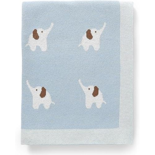Hadetoto 100% Cotton Baby Blanket Knit Soft Cozy Swaddle Receiving Blankets Toddler Infant Blanket with Lovely Elephant for Newborn Boy Girls - Light Blue, 90 x 70cm