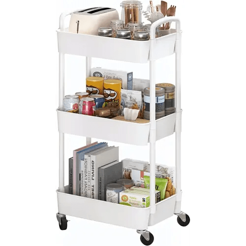Sywhitta 3-Tier Plastic Rolling Utility Cart with Handle, Multi-Functional Storage Trolley for Office, Living Room, Kitchen, Movable Storage Organizer with Wheels, White