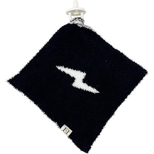 Lightning Bolt Baby Lovey Pacifier Holder 10"x10" - Cuddly Soft Knitted Soothie Reversible Mini Security Blanket - Snuggle Newborn Gift Essential for Babies Boys and Girls (Black/White)