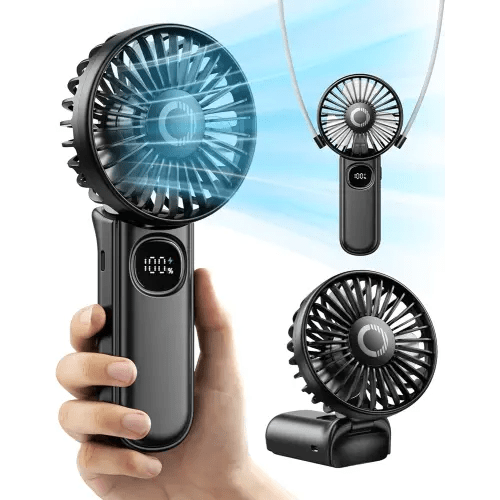 Handheld Fan, Foldable Portable Fan with LED Display, 3000mAh Battery Operated Mini Hand Held Fan, Handheld/Neck/Desk 3 in 1 Personal Small Fan for Eyelash Makeup Travel Beach Outdoor Black