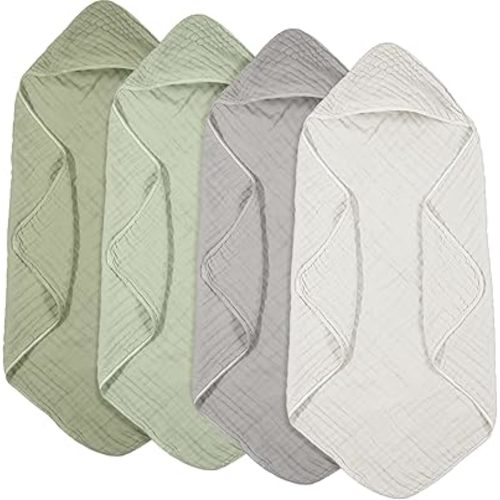 Peryiter 4 Pcs Muslin Hooded Baby Towels, 32"x 32" Cotton Newborn Bath Towel Muslin Infant Baby Blankets Absorbent Unisex Newborn Registry Gift Essentials for Girls Boys (Green,Gray,Beige)