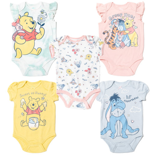 Disney Winnie the Pooh Eeyore Tigger Newborn Baby Girls 5 Pack Bodysuits Newborn to Infant
