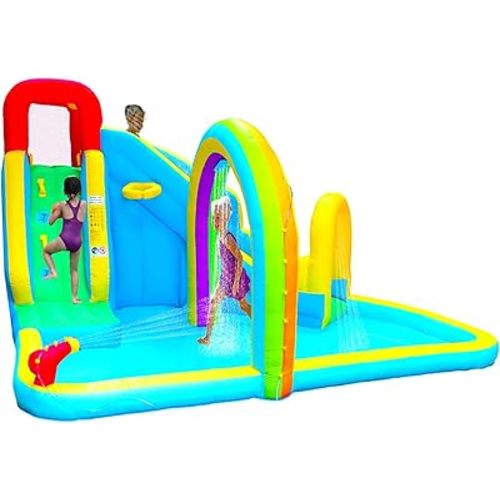 Inflatable Water Slide Park with Air Blower, Kids Inflatable Bouncer House Slide, Climbing Wall, Splash Pool and Rainbow Sprinkler