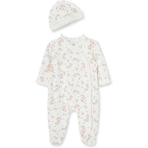 Little Me Clothes for Baby Girls 100% Cotton Scratch-Free Tag Footed One-Piece Romper and Hat Sleeper Set Preemie to 9 Months