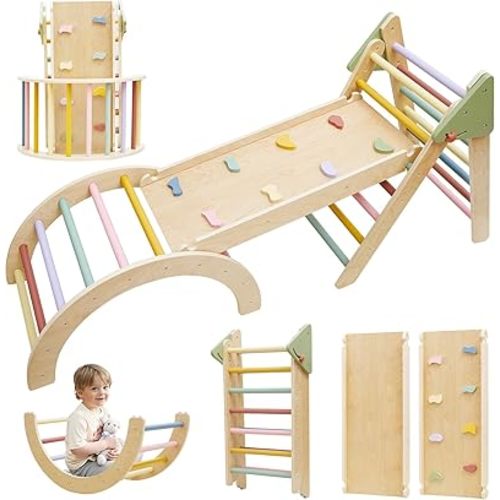7in1 Pikler Triangle Set, Pikler Triangle Climbing Toys Set for Toddlers, Wooden Toddler Climbing Toys Indoor Playground, Foldable Montessori Climbing Set with Arch&Ramp&Ladder, Jungle Gym for Kids