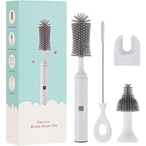 Electric Bottle Brush Set with Baby Bottle Brush, Nipple Brush, Straw Cleaner Brush, Electric Baby Bottle Cleaner, Gift for Pregnant Women and New Moms,White