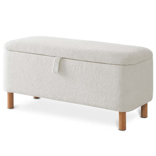 39.5" Boucle Storage Ottoman Bench for Living Room Bedroom Foot Rest End of Bed Wood Leg Ivory White
