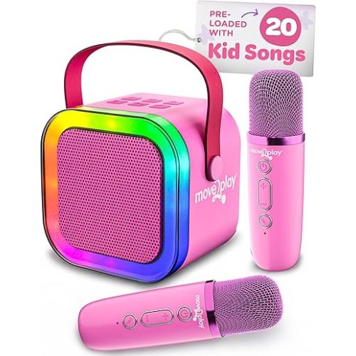 Move2Play, Mini Karaoke Machine for Kids | Includes 20+ Kid Songs | 2 Microphones | Connect with Bluetooth | 3, 4, 5+ Year Old Gift & Birthday Present | Girls, Boys, & Toddler