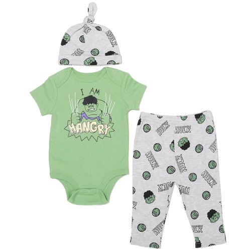 Marvel Avengers Hulk Captain America Spider-Man Baby Bodysuit Pants and Hat 3 Piece Outfit Set Newborn to Infant