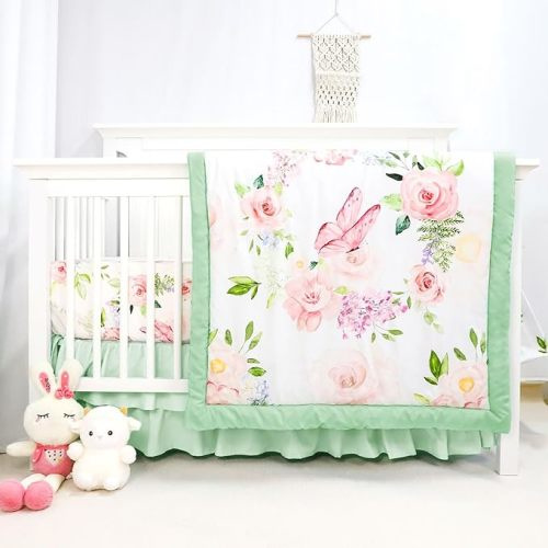 4-Piece Crib Bedding Set, Baby Girl Crib Bedding Set Butterflies Floral Nursery Bedding Set Includes Comforter, Fitted Crib Sheet, Crib Skirt, and Diaper Stacker, Green & Pink - Pink Flower