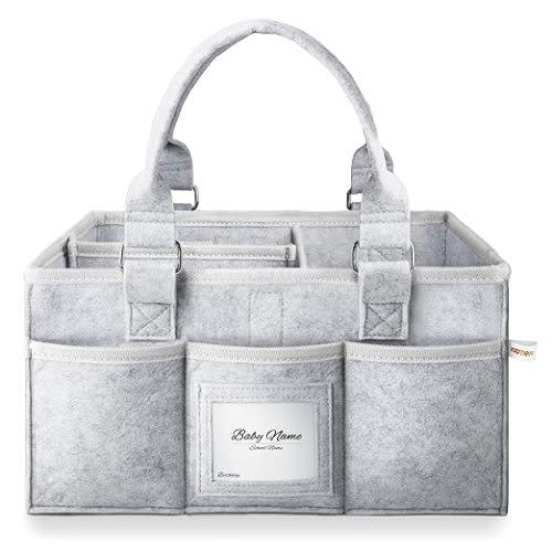 Diaper Caddy Organizer for Baby Essentials, Newborn Essetials Must Haves, Baby Registry Search and Other Baby Stuff, Collapsible Baby Basket with Handle and a Photo Frame, Gray (L)