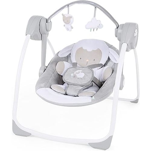 Ingenuity Comfort 2 Go Compact Portable 6-Speed Cushioned Baby Swing with Music, Folds Easy, 0-9 Months 6-20 lbs (Cuddle Lamb)