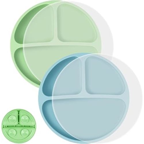 Vicloon Toddler Dishware Plate, 2 Pcs Silicone Plate with Divided Compartments, Suction Plates for Babies & Toddlers, BPA Free, Microwave & Dishwasher Safe, Includes Lids