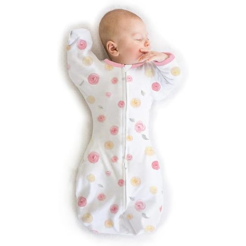 Amazing Baby Transitional Swaddle Sack with Arms Up Half-Length Sleeves and Mitten Cuffs, Small, 0-3 Mo, 6-14 lbs, Little Watercolor Roses, Pink (Arms Up Swaddle, Transition Swaddle Sleep Sack)