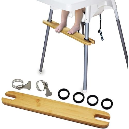 High Chair Footrest Compatible with IKEA Antilop - Bamboo Wooden Footrest High Chair Accessories, Smoothed Edges, Adjustable Height and Non Slip Metal Clamps