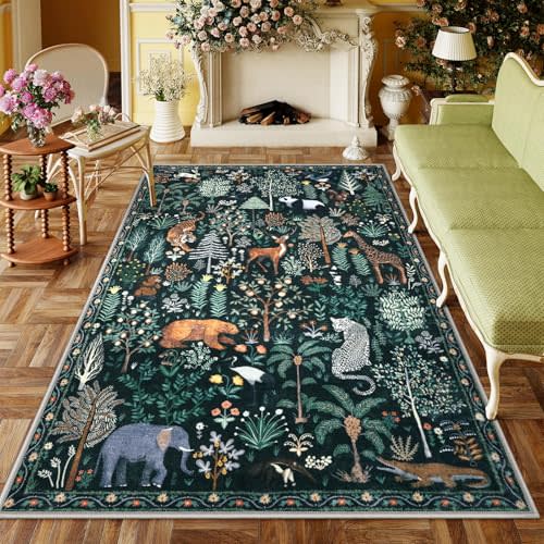 OJIA Jungle Print 5x7 Area Rugs for Living Room, Green Soft Washable Rugs for Bedroom Ultra-Thin Non-Slip Modern Rug, Stain Resistant Nursery Rug Carpet for Kids Playroom Nursery Dining Room