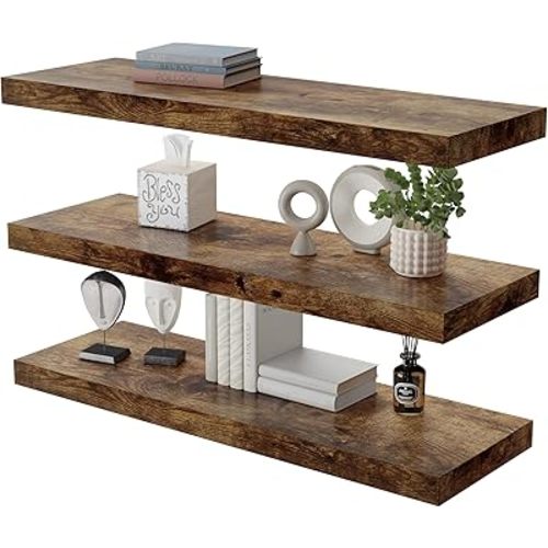 Large Floating Shelves for Wall Set of 3 Wooden Wall Shelves 24 in x 12.75 in x 2 in Room Decor Long Shelf with Invisible Wall Mount Bracket for Bedroom Kitchen Living Room Rustic Brown