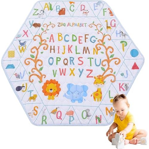HOMBYS Hexagon Playpen Mat, 52x45 Thicken Soft Playpen Mat Fits Hexagon Portable Play Yard & Playpen, Washable Baby Play Mat Non-Slip Mat for Toddler Kids Crawling & Play, (Alphanumeric Pattern)