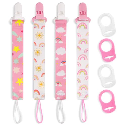 4 Pack Pacifier Clips for Boys Girls, Dummy Clips Baby with Adapters, Silicone Binky Clips for Baby Teething Toys Baby Shower (Pink+White)
