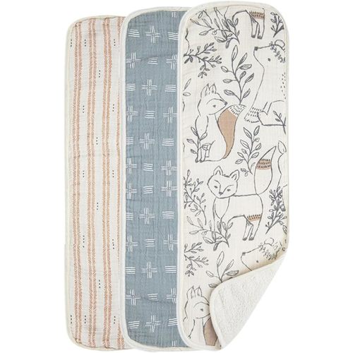 Crane Baby Muslin Burp Cloths Set, Woodland Animals, Gender Neutral Baby Gift, Absorbent Cotton Terry Backing, Machine Washable, 7" X 20"