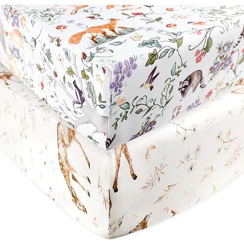 Fitted Crib Sheet 2 Pack, Crib Sheets 28"x 52" for Boys & Girls, Super Soft Breathable Toddler Bed Sheets for Standard Crib & Toddler Bed Mattress, Woodland Animal