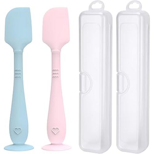 2 Pack Diaper Cream Spatula with Hygienic Travel Case, Butt Spatula Baby with Suction Base, Baby Butt Paste Spatula, Soft Silicone Diaper Rash Cream Applicator Large Size (Blue & Pink)