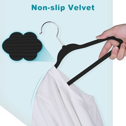 BAGAIL Kids Velvet Hangers 11 Inches Children's Clothes Hangers Non-Slip Baby Hangers for Infant/Toddler (Black,50pack)