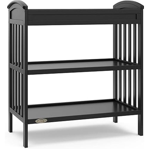 Graco Benton Changing Table with Bonus Water-Resistant Changing Pad (Black) - GREENGUARD Gold Certified, Includes Diaper Change Pad with Safety Strap, 2 Open Storage Shelves for Organizing