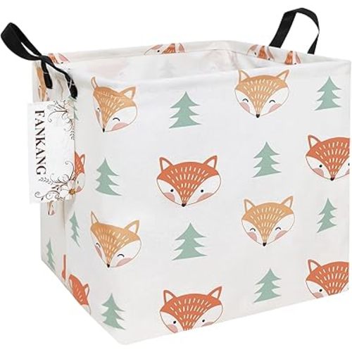 FANKANG Square Nursery Hamper Storage Bins Canvas Laundry Basket Foldable with Waterproof PE Coating Storage Baskets Gift Baskets for Children, Office, Bedroom, Clothes(Square-Fox)