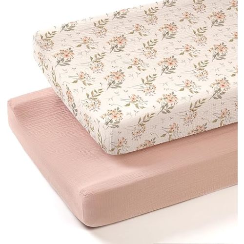 lulumoon Muslin Changing Pad Cover: 2-Pack Soft Breathable Cotton Boho Floral Print for Baby Girls - Nursery & Baby Shower