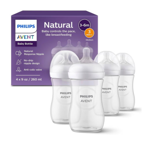 Philips Avent Natural Baby Bottles with Natural Response Nipples (Medium Flow, Flow 3), 9oz, 4-Pack, SCY903/04