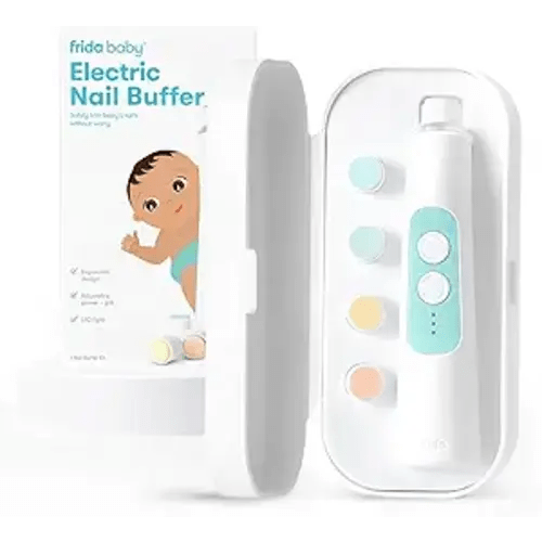 Frida Baby Electric Nail Buffer | Safe + Easy Baby Nail File, Baby Nail Clippers + Nail Trimmer Kit for Newborn, Toddler, Children's Fingernails/Toenails, 4 Buffer Pads, LED Light, Storage Case, White