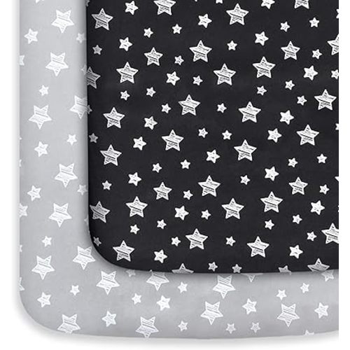 Pack and Play Sheets, 2 Pack Mini Crib Sheets, Stretchy Playard Fitted Sheet, Compatible with Graco Pack n Play, Soft and Breathable Material, Grey & Black