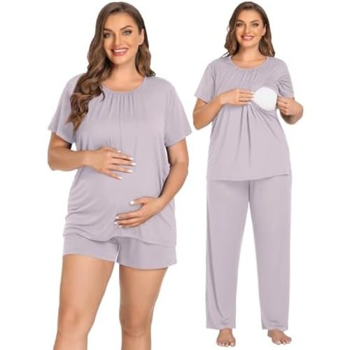 SWOMOG Women 3Pcs Maternity Pajama Set Nursing Pjs Pregnancy Set Breastfeeding Pjs Double Layer with Pockets