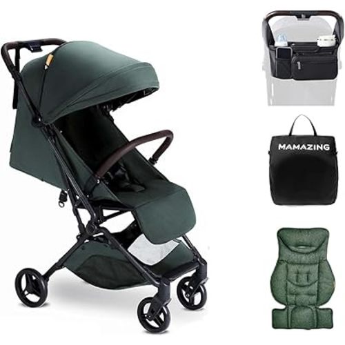 MAMAZING Lightweight Baby Travel Stroller with Carbon Fiber Frame, Compact & Airplane-Friendly, One-Handed Folding Design, 11.6 lbs, Perfect for Toddlers, Organizer & Cushion Included, Green