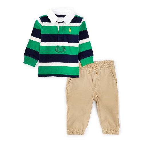 Ralph Lauren Baby Boys 3-24 Months Long Sleeve Striped Jersey Rugby Shirt & Solid Poplin Pant Set