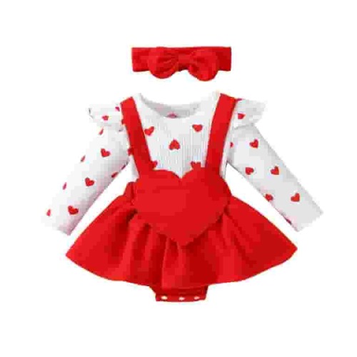 Odeerbi Baby Girls Outfits Heart Shape Jumpsuit Rib Knit Cotton Romper with Suspender Skirt Set Solid Color Long Sleeve Bodysuit Baby Crawling Suit Headband Set Infant Clothes Red